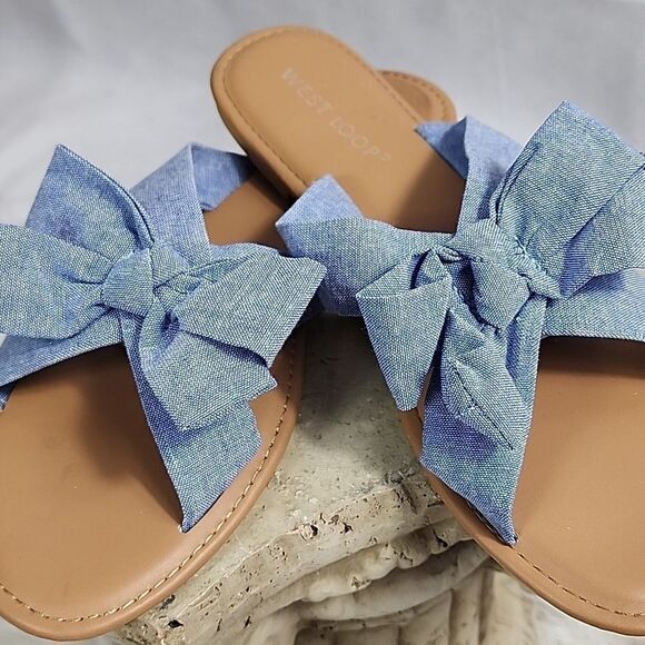 west loop Shoes - Beachy Beribboned Flats Size 9/10 Sandals with Large Bow Vacay